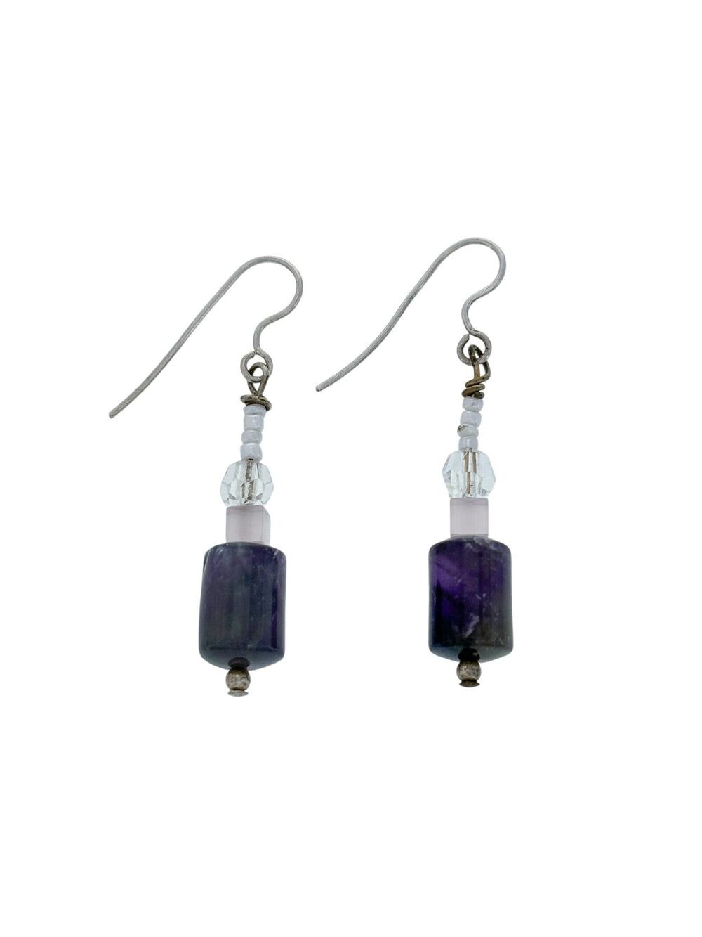 Vintage Silver-Tone Amethyst And Crystal Dangle Earrings